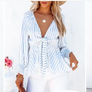 Vici Striped Smocked Tie Blouse